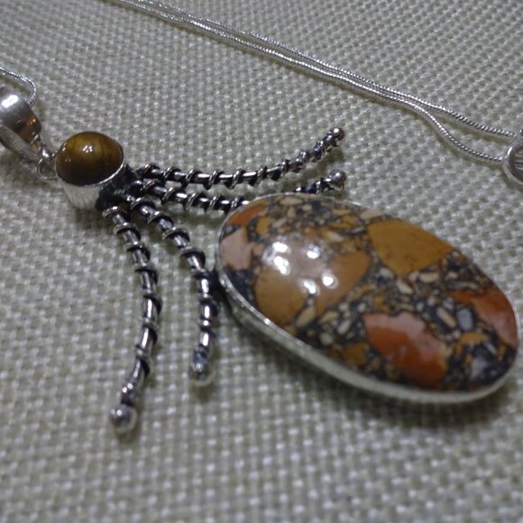 Natural BRECCIATED JASPER & TIGERS EYE Handmade Sterling 925 Pendant/Chain #300C - Picture 3 of 3